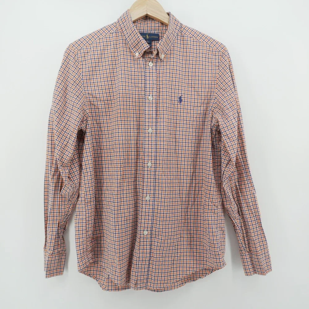 Ralph Lauren Button Down Shirt Boys XL 18-20 Orange Blue Gingham Check Cotton